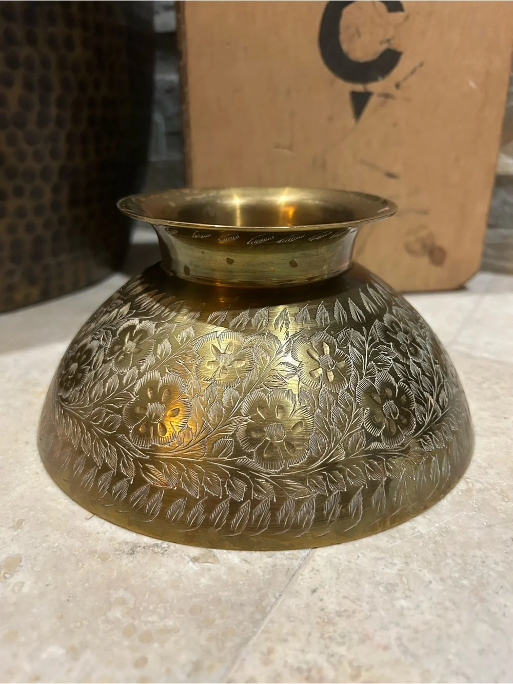 Vintage Brass pedestal Bowl with an Etched Floral Design